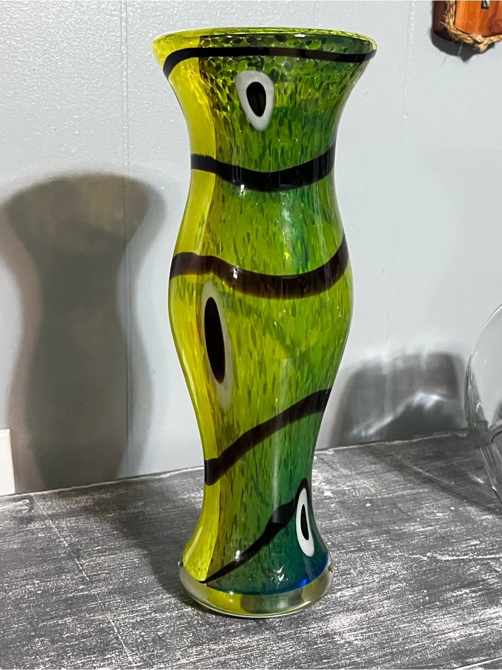 Murano Green with Black and White Eye Motif Art Glass Vase